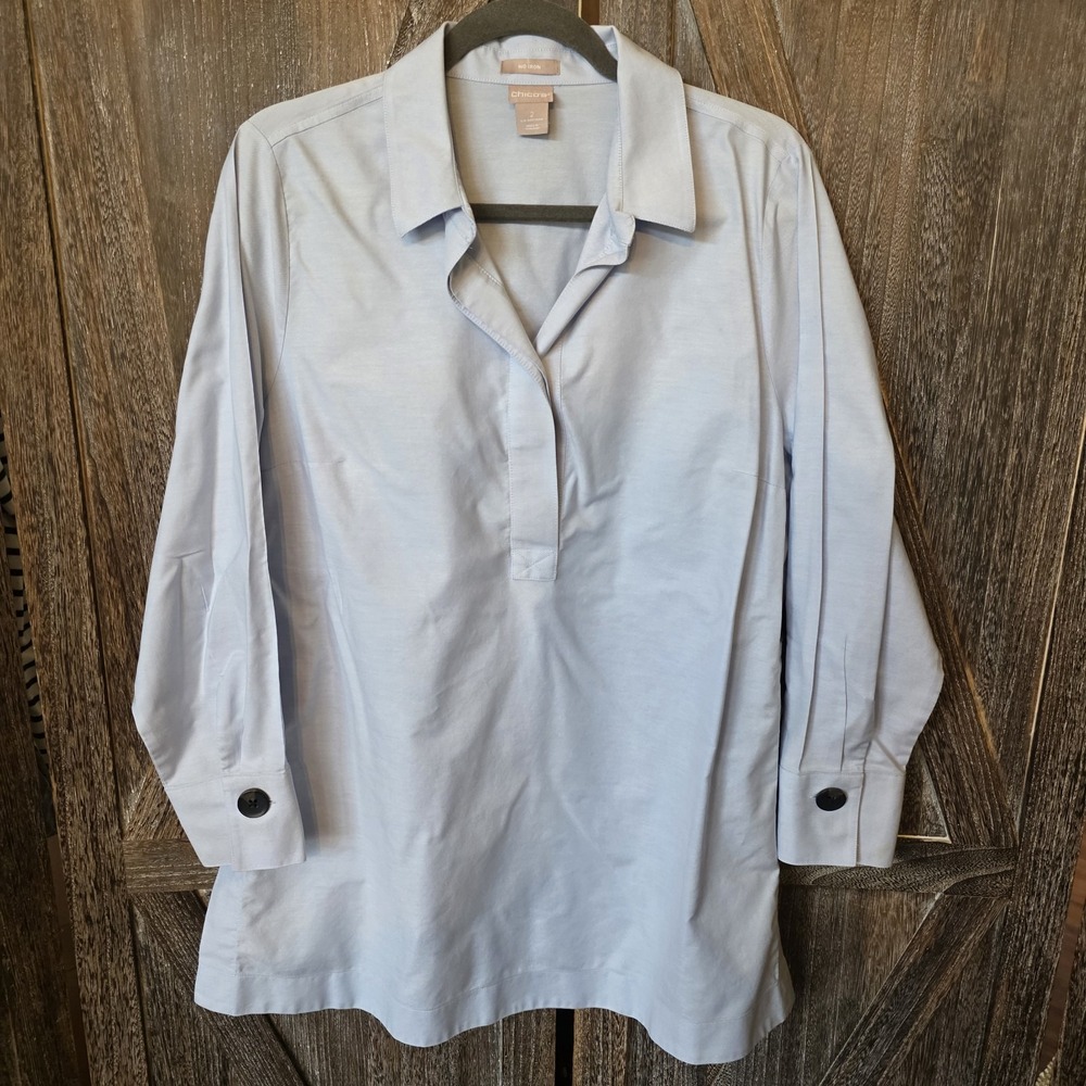 Chico's Shirt Women's Size 2 (12/14) Light Blue Tunic Button Details Pullover